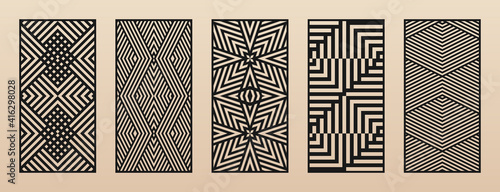 Laser cut patterns. Vector set with abstract geometric ornament, lines, stripes, chevron. Optical illusion effect. Decorative stencil for laser cutting of wood, metal, plastic, paper. Aspect ratio 1:2