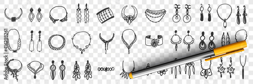 Jewellery and accessories doodle set. Collection of hand drawn elegant feminine accessories earrings necklace bracelets for wearing with stylish clothes isolated on transparent background
