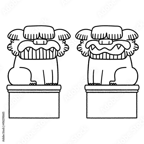 Komainu, dog, shrine, animal, line drawing, black and white