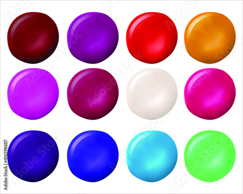Set of different nail polishes samples on white background, top view. 