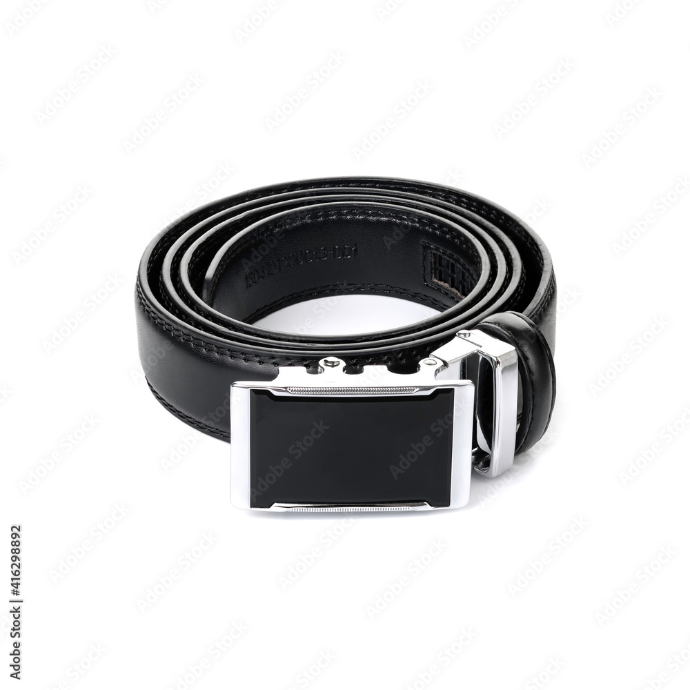 Fastened fashionable men's black leather belt with black and silver metal buckle isolated Fastened fashionable men's black leather belt with black and silver metal buckle isolated