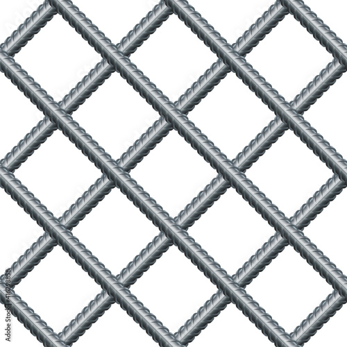 Vector illustration seamless grid from reinforced rebars on white background. Realistic seamless pattern construction reinforcement rebars. Endless stainless armature background. Building material.