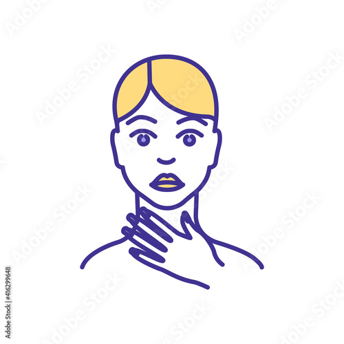 Asphyxia RGB color icon. Abnormal breathing. Respiratory process disturbance. Asphyxiation. Oxygen supply insufficiency to body. Breathing passageways injury. Isolated vector illustration