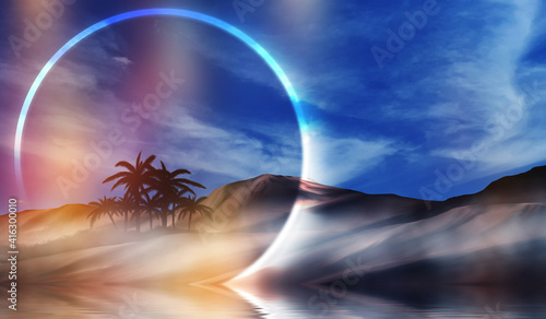 Abstract futuristic background. Silhouettes of palm trees on a tropical island are reflected on the water, neon shapes against the background of an ultraviolet cloud. Beach party. 3d illustration © Laura Сrazy