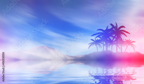 Fototapeta Naklejka Na Ścianę i Meble -  Abstract futuristic background. Silhouettes of palm trees on a tropical island are reflected on the water, neon shapes against the background of an ultraviolet cloud. Beach party. 3d illustration
