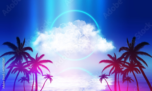 Abstract futuristic background. Silhouettes of palm trees on a tropical island are reflected on the water  neon shapes against the background of an ultraviolet cloud. Beach party. 3d illustration