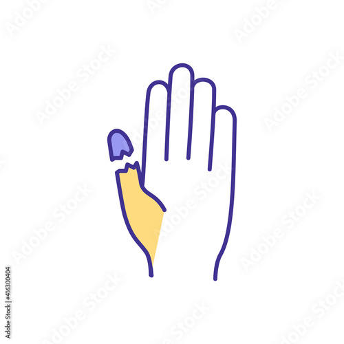 Avulsion injury RGB color icon. Fingertip injury. Forcible body part separation. Fractures. Finger amputation. Traumatic amputation. Devastating hand injuries. Isolated vector illustration