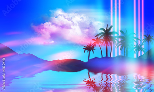 Abstract futuristic background. Silhouettes of palm trees on a tropical island are reflected on the water  neon shapes against the background of an ultraviolet cloud. Beach party. 3d illustration