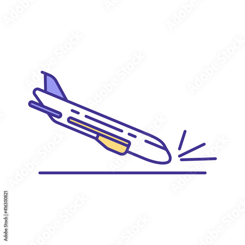 Aviation accident RGB color icon. Air disasters. Airplane crashes. Pilot error. Maintenance failures, inclement weather. Unforeseen plane hazards. Aircraft hitting land. Isolated vector illustration