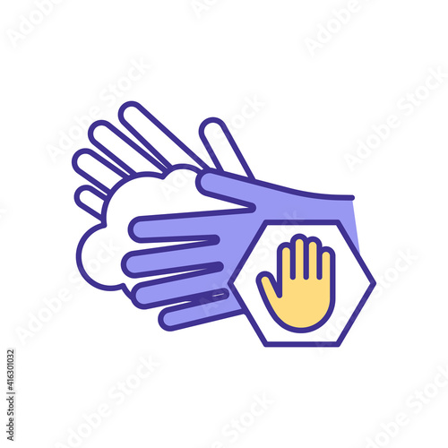 Hands protection RGB color icon. Wearing disposable gloves. Germs spreading prevention. Working with hazardous chemicals and dangerous materials. Cleaning, disinfection. Isolated vector illustration