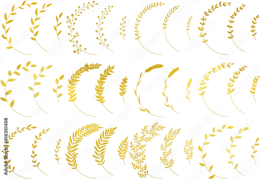 ゴールドのリーフ・植物のセット　線画なし　ベクター素材