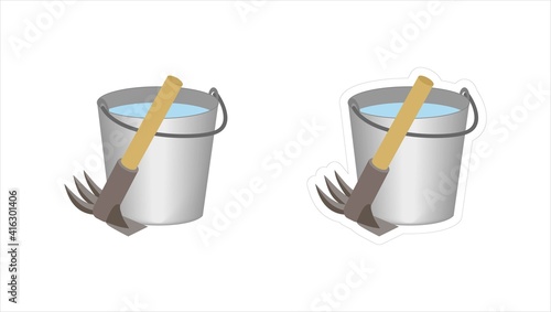Vector cartoon hoe and bucket with water isolated on white background. Sticker with white outlining tool for loosening soil and watering