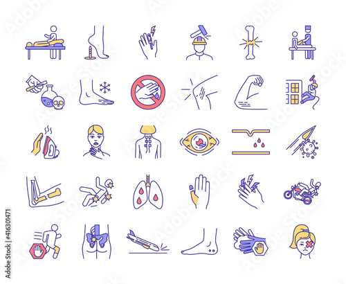 Physical trauma RGB color icons set. Body damage. Joint and bone infection. Eye trauma. Injuries in construction industry. Falls from heights. Massage therapy session. Isolated vector illustrations