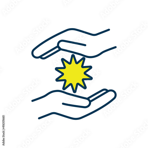 Energy healing technique RGB color icon. Healer hands. Reiki. Palm healing. Restoring energy flow and balance throughout body. Spiritual, life force improvement. Isolated vector illustration