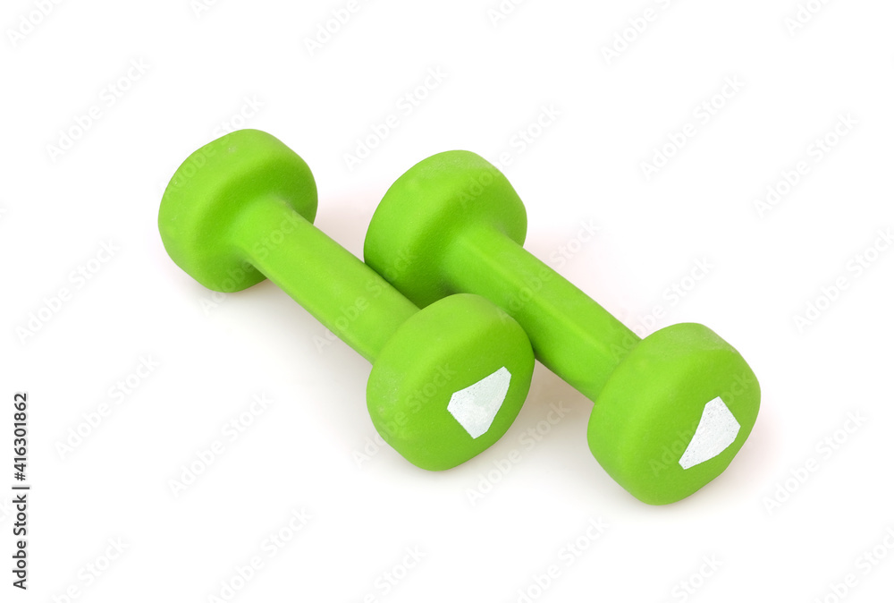 Green dumbbells for sports activities isolated on white background Green dumbbells for sports activities isolated on white background
