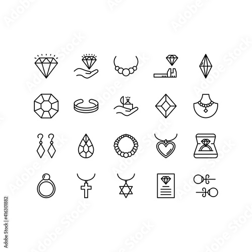 Jewelry line icon set. Includes such Icons as ring, bracelet, earrings, diamond, necklace and more. Outline vector icons for web design isolated on white background. Editable stroke