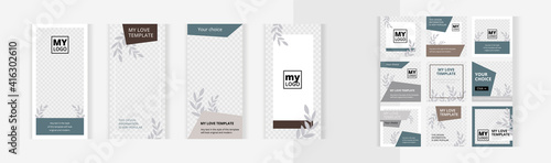 Set of editable vertical and square photo collage banners. Minimalist templates for social media posting and online advertising. Champagne color style. Trend vector illustration.