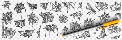 Spider web patterns doodle set. Collection of hand drawn silhouette of natural patterns of spider webs in corners on trees isolated on transparent background