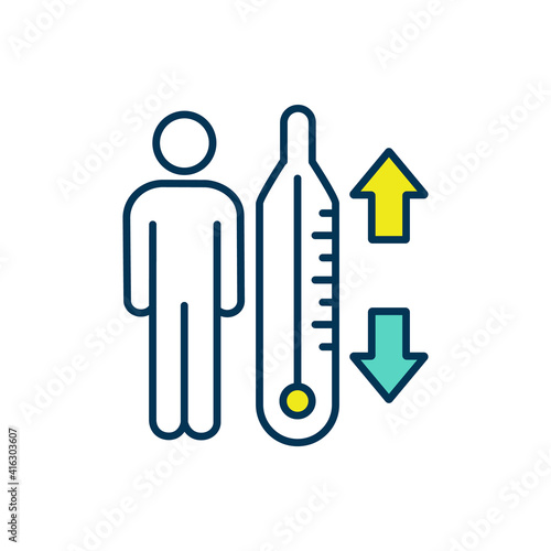 Human body temperature RGB color icon. Hypothermia, hyperthermia. Skin reactions, fever, environmental conditions. Detecting dangerously low and high temperature levels. Isolated vector illustration