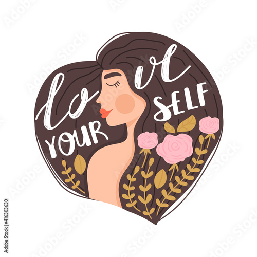 Self care, love yourself concept. Cute girl with floral elements and lettering phrase. Heart shaped composition. Vector trendy illustration on white background. Print design.