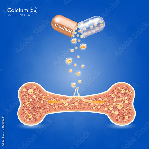 Calcium mineral gold. Glossy drop pill capsule Mineral and vitamin complex. Dietary supplement bone, Medical or healthcare concept. 