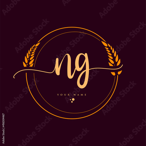 NG Initial handwriting logo. Hand lettering Initials logo branding with wreath, Feminine and luxury logo design isolated on elegant background. photo