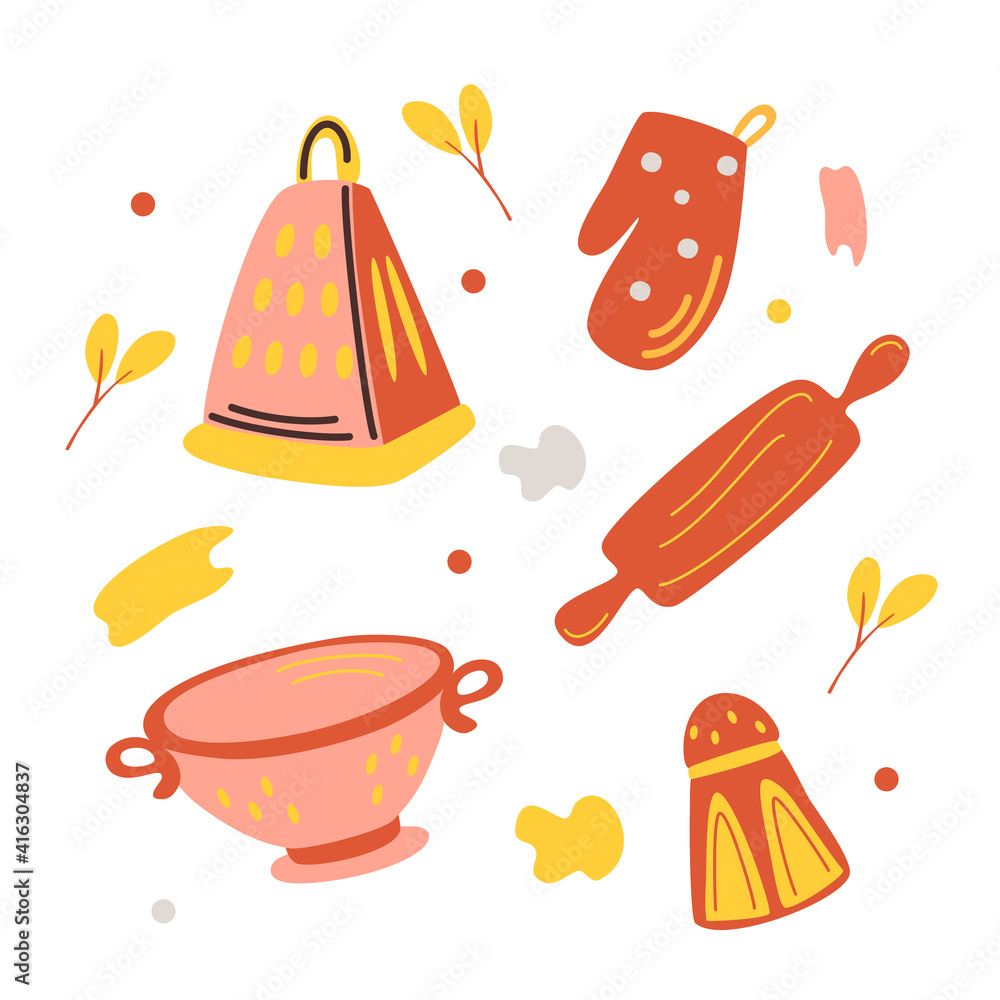 Colorful sets of silhouette kitchen tools: colander, grater, rolling pin, saltshaker, mitten, potholder. Icon for cooking and dinning, create by vector cartoon illustration.