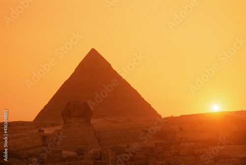 Sphinx and Kefren (Chephren) pyramid, Giza, UNESCO World Heritage Site, Cairo, Egypt photo