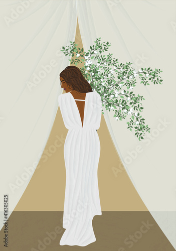 Digital illustration of a beautiful girl model in a white evening summer dress posing with a large bouquet of flowers in her hands