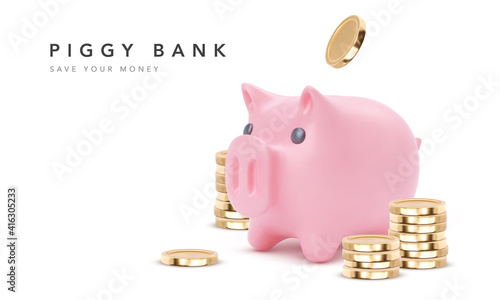 Gold coins fly around the piggy bank isolated on white background. Realistic vector object for advertising sale. Stability and security of money storage. Vector illustration