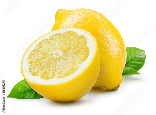 Lemon isolate on white. Lemon fruit whole and a half with leaves. Side view on white. With clipping path.