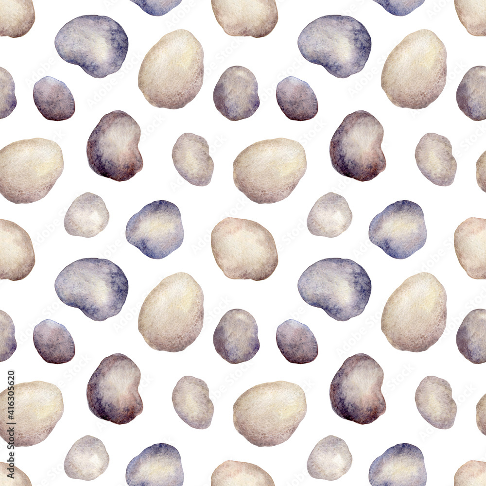 Watercolor beige and gray round stones isolated on a white background. Hand drawn sea pebbles. Abstract seamless pattern for fabric and wallpaper Watercolor beige and gray round stones isolated on a white background. Hand drawn sea pebbles. Abstract seamless pattern for fabric and wallpaper