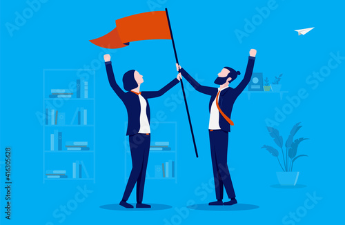 Man and woman triumphant - Businesswoman and businessman holding flag together, cheering with raised hands. Equality and working towards common goal concept. Vector illustration.