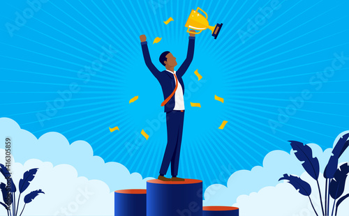 African American businessman winner - Man on podium cheering with award in hand and confetti in air. Business champion and winner concept. Vector illustration.