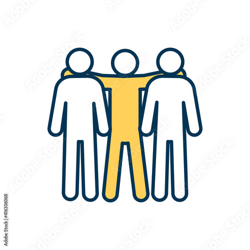 Teammates RGB color icon. Co-players, colleagues, partners. Close interpersonal bond. Trust between group members. Enduring affection, esteem, intimacy. Friendship. Isolated vector illustration