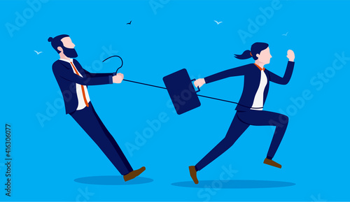 Woman being held back by man - Male colleague holding businesswoman in rope, suppressing her from doing work. Male dominance concept. Vector illustration.