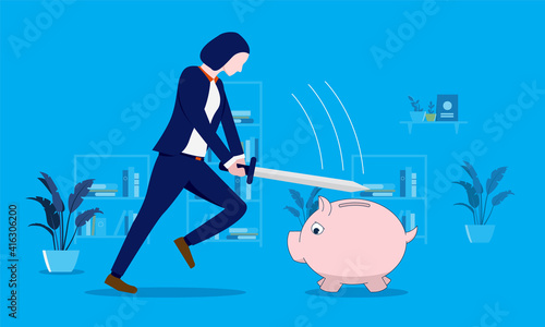 Woman smashing piggy bank with weapon to use money savings. Poor and financial problems concept. Vector illustration.