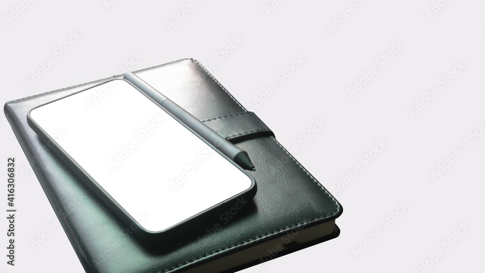 Smartphone with white blank screen on notebook. Smartphone with white blank screen on notebook.