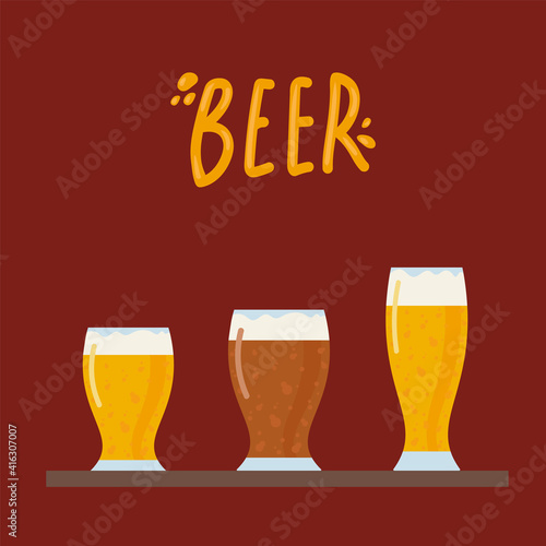 Glasses of different beers. Illustration for the bar menu. Low-alcohol and non-alcoholic foaming drinks. Vector poster for a pub. Vector illustration