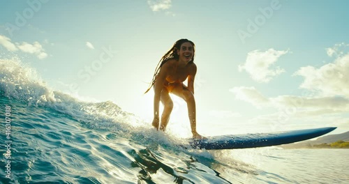 Beautiful girl surfing ocean wave at sunset, beautiful ocean wave, surf lifestyle, cinematic slow motion, shot on RED camera photo