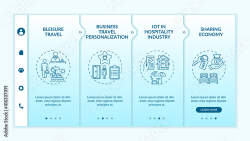 Business travel trends onboarding vector template. Business travel personalization. IoT hospitality industry. Responsive mobile website with icons. Webpage walkthrough step screens. RGB color concept