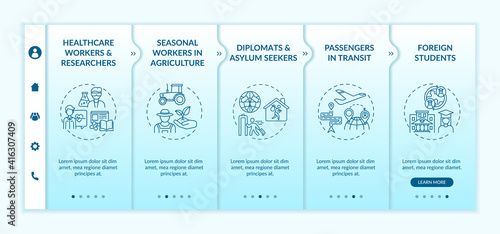 Travel ban exemption categories onboarding vector template. Seasonal workers in agriculture. Asylum seekers. Responsive mobile website with icons. Webpage walkthrough step screens. RGB color concept