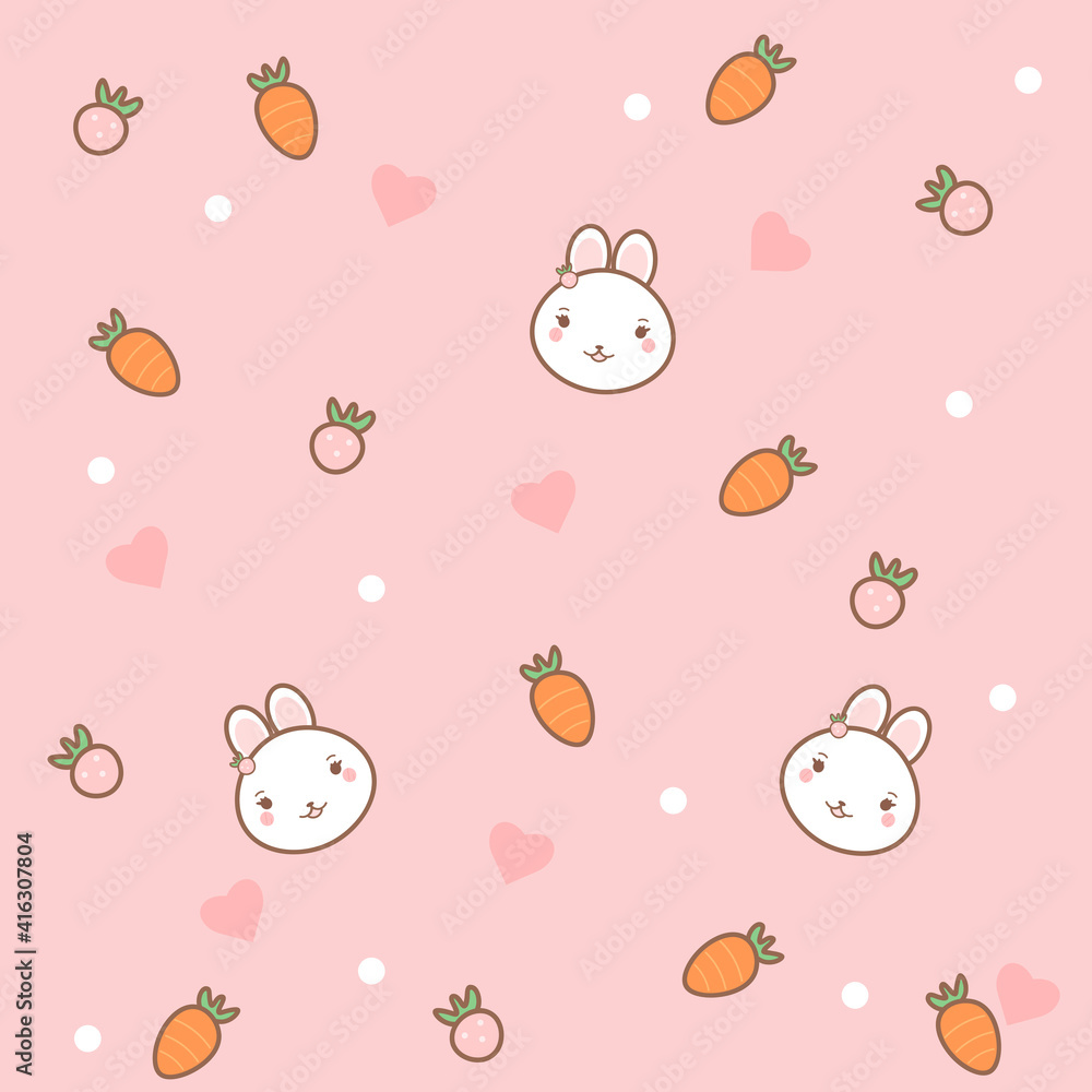 Cute pink pattern with rabbits, carrots, hearts and strawberries. Cute pink pattern with rabbits, carrots, hearts and strawberries.