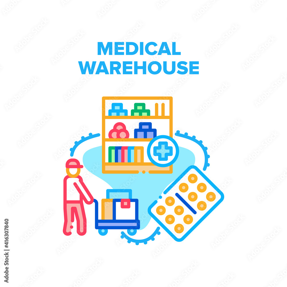 Medical Warehouse Storage Vector Icon Concept. Medical Warehouse Storaging Shelves And Worker Transportation And Carrying Medicaments On Cart. Medicine Drugs Package Color Illustration Medical Warehouse Storage Vector Icon Concept. Medical Warehouse Storaging Shelves And Worker Transportation And Carrying Medicaments On Cart. Medicine Drugs Package Color Illustration