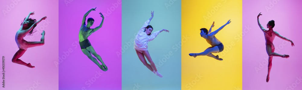 Collage of portraits of 2 young emotional people on multicolored background in neon. Concept of human emotions, facial expression, sales. Jumping high, flying, energy, dancing. Flyer for ad, offer
