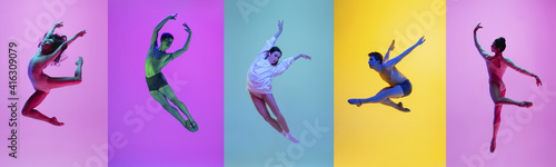 Collage of portraits of 2 young emotional people on multicolored background in neon. Concept of human emotions, facial expression, sales. Jumping high, flying, energy, dancing. Flyer for ad, offer © master1305