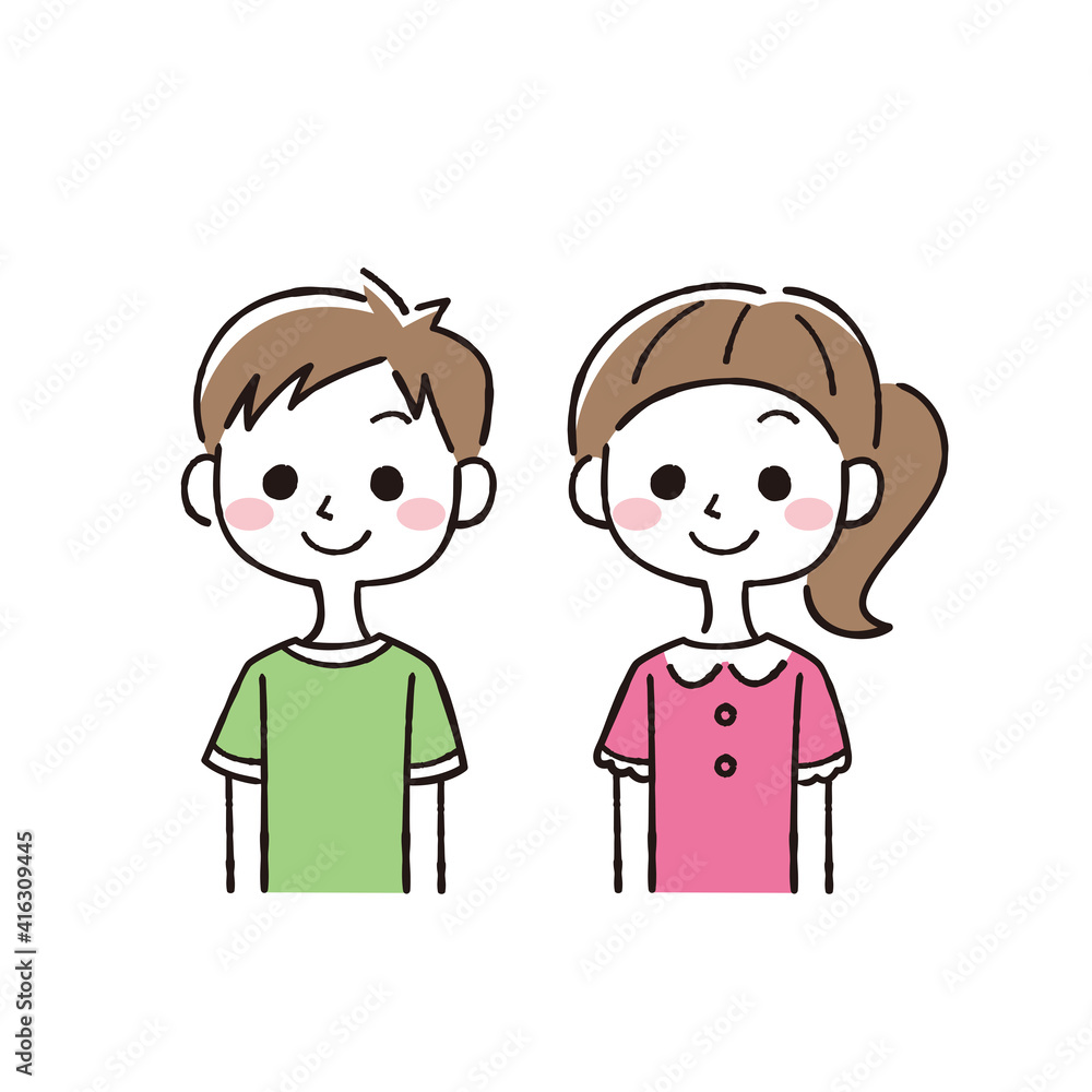 笑顔の男の子と女の子の人物セット線画 笑顔の男の子と女の子の人物セット線画
