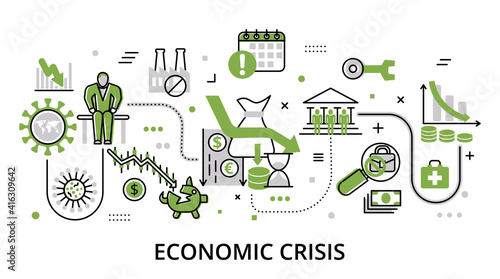 Economic Crisis greenery concept, flat line design vector illustration