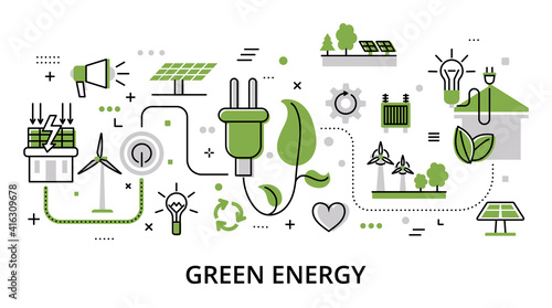 Green Energy concept, flat line design vector illustration