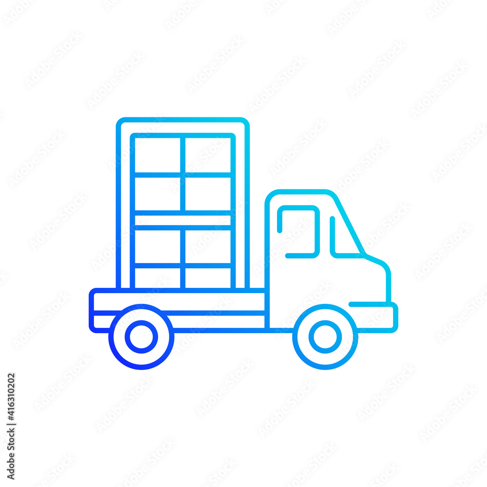 Window delivery gradient linear vector icon. Delivering building materials on residential construction sites. Thin line color symbols. Modern style pictogram. Vector isolated outline drawing